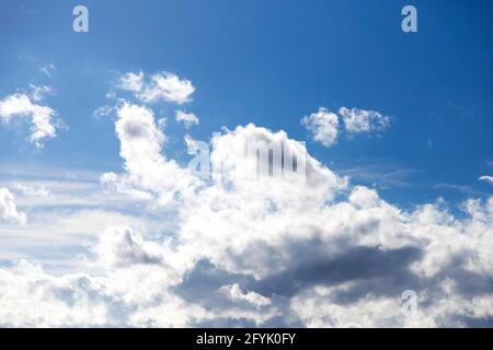 light white fluffy clouds float across the blue sky. Texture of clouds and sky Stock Photo