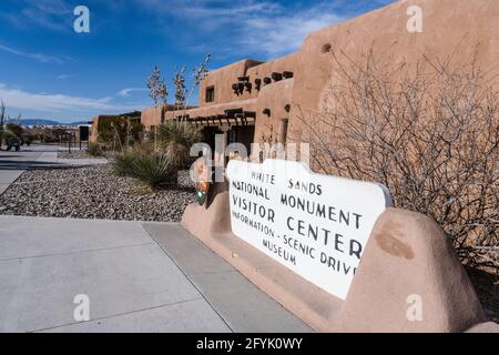 The old historic sign at the Visitor Center for the White Sands Monument, now White Sands National Park, New Mexico. Stock Photo