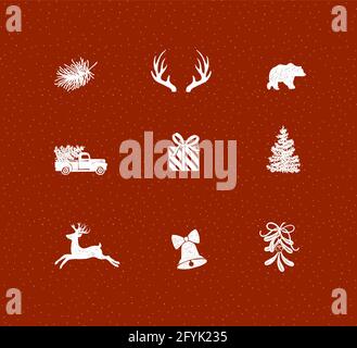 Set of decorative Christmas icon drawing in pen line style on red background. Stock Vector