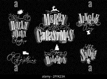 Celebration letterings holly jolly, merry little christmas, jingle all the way, happy holidays, let it snow drawing with chalk in pen line style on ch Stock Vector