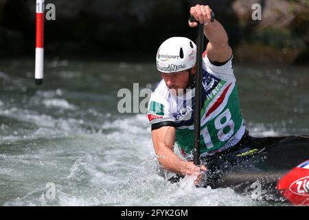 Thomas KOECHLIN of Switzerland competes in the Men's Canoe (C1) semifinals during the ECA Canoe Slalom European Championships on the Dora Baltea river Stock Photo