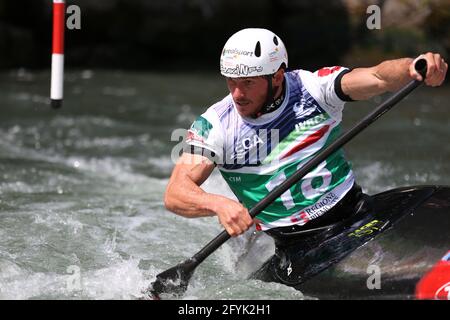 Thomas KOECHLIN of Switzerland competes in the Men's Canoe (C1) semifinals during the ECA Canoe Slalom European Championships on the Dora Baltea river Stock Photo