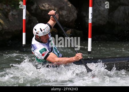 Thomas KOECHLIN of Switzerland competes in the Men's Canoe (C1) semifinals during the ECA Canoe Slalom European Championships on the Dora Baltea river Stock Photo