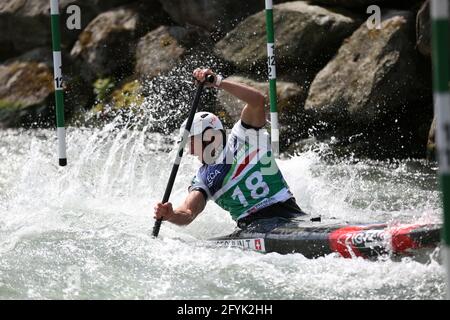 Thomas KOECHLIN of Switzerland competes in the Men's Canoe (C1) semifinals during the ECA Canoe Slalom European Championships on the Dora Baltea river Stock Photo