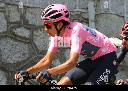 Alpe di Mera, Alpe di Mera (VC), Italy, 28 May 2021, Egan Bernal (Ineos Grenadiers) leader of the race with the pink jacket during Stage 19 of Giro D&#39;Italia 2021 - Abbiategrasso - Alpe di Mera, Giro d'Italia - Photo Claudio Benedetto / LM Stock Photo