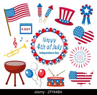 4th July Independence Day America celebration in USA, icons set, design element, flat style.Vector illustration Stock Vector