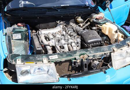 Samara, Russia - May 15, 2021: Tuned car engine of Lada vehicle, under the hood of a vehicle Stock Photo