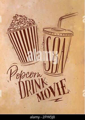Poster cinema snacks lettering popcorn, drink, movie in retro style drawing with craft Stock Vector