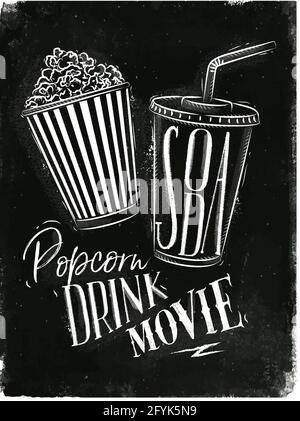 Poster cinema snacks lettering popcorn, drink, movie in vintage style drawing with chalk on chalkboard background Stock Vector