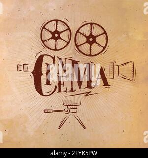 Poster movie camera lettering cinema in retro style drawing with craft Stock Vector