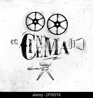 Poster movie camera lettering cinema in retro style drawing dirty paper background Stock Vector