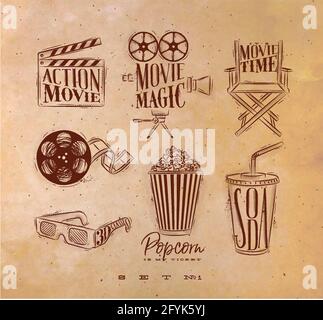 Cinema signs clapperboard, movie camera, chair, cine film, 3d glasses, popcorn, soda drawing with with craft set 1 Stock Vector