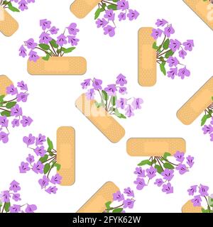 Seamless pattern with sticking plasters and purple flowers. Medical patch repeat texture. Stock Vector