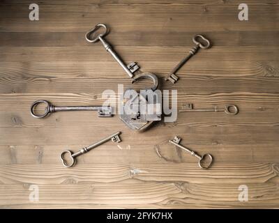Lock and keys on wooden background Stock Photo