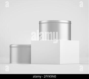 White Round Tin Can Mockup, Blank food Container, 3d Rendering isolated on light gray background, Ready for your design Stock Photo