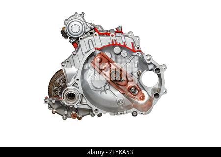 The stand shows a cutaway automatic transmission of a car, the image is highlighted on a white background. Auto parts. Stock Photo