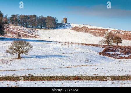 A snowy winter scene at Bradgate Park in Leicestershire, with Old John in the distance. Stock Photo