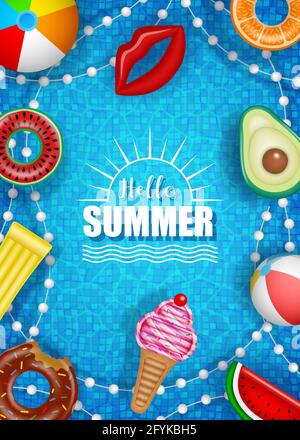 Hello summer poster with colorful inflatables balls, mattresses and rings on pool water background Stock Vector