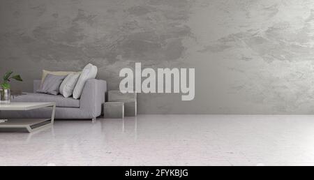Modern interior of a room, with concrete wall decor and marble floor, 3D Rendering Stock Photo