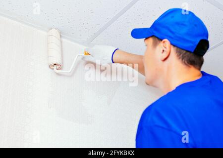 A painter in a cap and gloves paints the wall with a paint roller. Portrait of a young worker in uniform. Professional repair of premises. Mockup Stock Photo