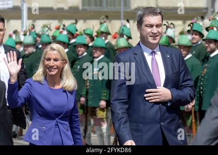 Prime Minister Dr. Markus Soeder and his wife Karin on the way to welcome Prince Charles and his wife Camilla at Max-Joseph-Platz in Munich