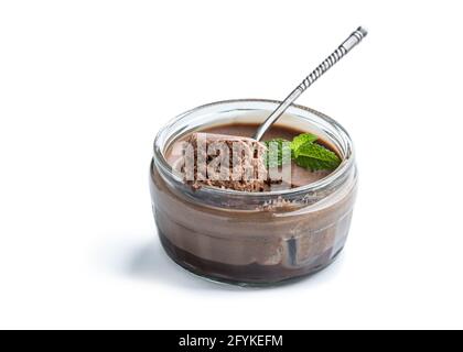 Mini  caramel cheesecake in a glass pot isolated on white Stock Photo