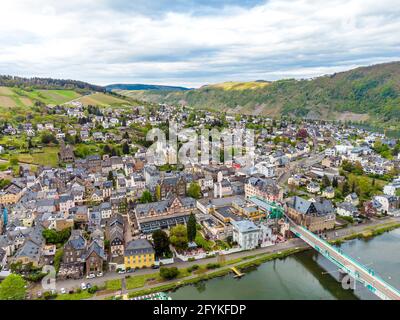 Aerial Panorama view on Traben-Trarbach. Beautiful historical town on the loop of romantic Moselle, Mosel  river. Rhineland-Palatinate, Germany, betwe Stock Photo