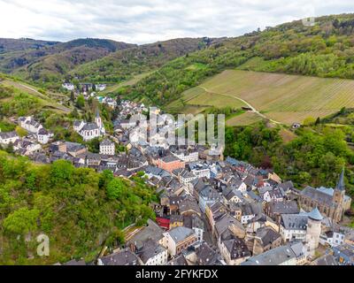 Aerial Panorama view on Traben-Trarbach. Beautiful historical town on the loop of romantic Moselle, Mosel  river. Rhineland-Palatinate, Germany, betwe Stock Photo