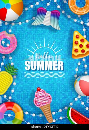 Hello summer poster with colorful inflatables balls, mattresses and rings on pool water background Stock Vector