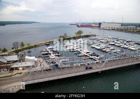 View from the Observation Tower at Door County Maritime Museum, Sturgeon Bay, Wisconsin of the boats in the marina Stock Photo