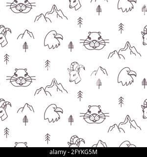 Forest alpine fauna seamless pattern. Mountain winter animals scandinavian simple outline style Stock Vector