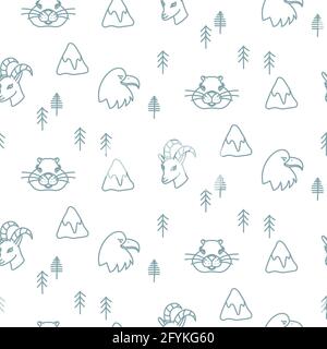 Mountain winter animals scandinavian simple outline style. Forest alpine fauna seamless pattern Stock Vector