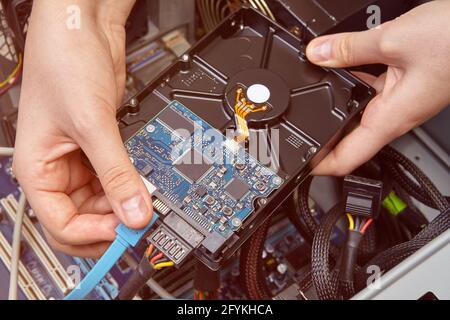 Connecting hard drive to motherboard in computer system unit. Stock Photo