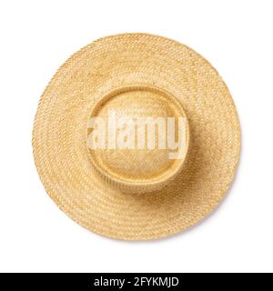 Yellow wide brimmed straw hat isolated on white background. Design element for modern eco-friendly accessory for beach, vacation and travel. Summer. Stock Photo