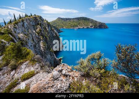 Aerial photo of beautiful and picturesque rocky coast close to Assos village on Cefalonia Ionian island, Greece Stock Photo