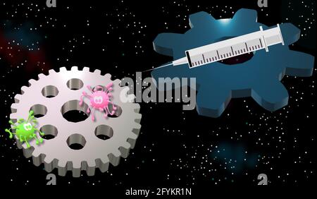 SIMULATED DRAWING OF THE VIRUS, traveling through the firmament. Mechanism carrying a syringe. Vaccine. COVID-19. Gear wheels flying. Stock Photo
