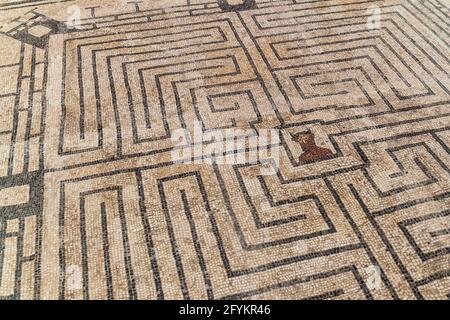 Mosaic representing the labyrinth with the Minotaur in Conimbriga Roman ruins, Portugal Stock Photo