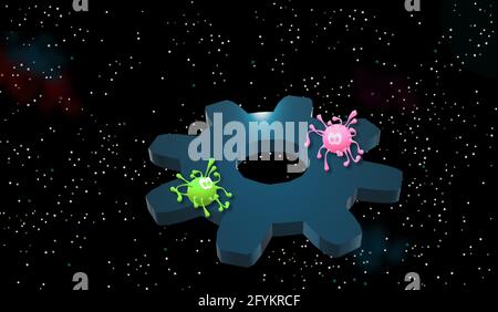 Fantasy. Simulated DRAWING of COVID-19 traveling through outer space. Pandemic, virus. Firmament of stars in the background. Gear wheels. Symbol. Stock Photo