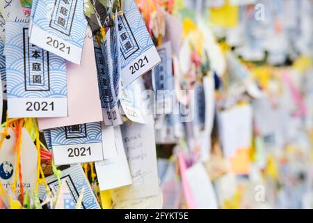 Buenos Aires, Argentina, March 17, 2021: Many strips of paper with wishes written on them, hung in the Japanese garden, following an Asian tradition. Stock Photo