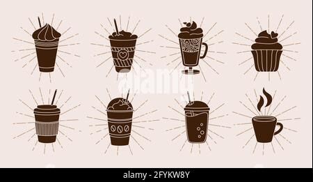 Coffee cup with sunburst or light rays cartoon set. Trendy doodle flat various cups to go, bursting sun rays. Hot chocolate, linear drawing. Different coffee cup icon collection. Vector illustration Stock Vector
