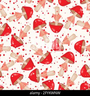 Seamless pattern with mushrooms on white background. Cute fairy mushroom. Modern vector illustration for packaging, banner, card, fabric, other design Stock Vector