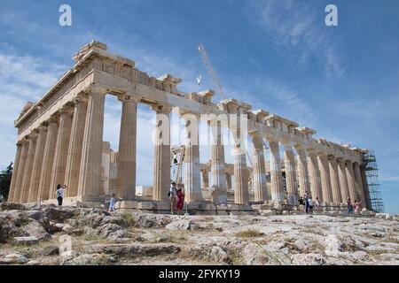 ATHENS, GREECE - May 18, 2021: Parthenon is a temple of classical Athens, in the Athenian Acropolis of Greece, dedicated to the goddess Athena. Athens Stock Photo