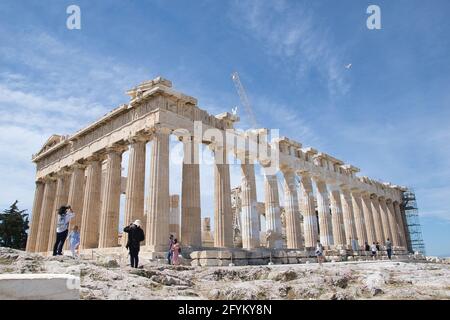 ATHENS, GREECE - May 18, 2021: Parthenon is a temple of classical Athens, in the Athenian Acropolis of Greece, dedicated to the goddess Athena. Athens Stock Photo