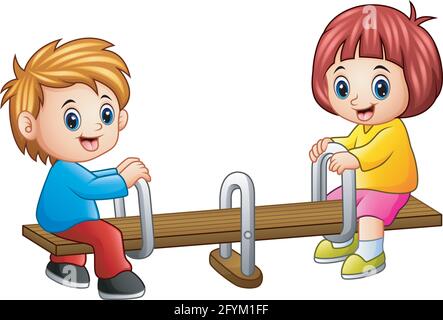 Cartoon kids playing seesaw on white background Stock Vector