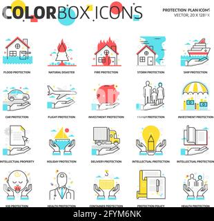 Color box icons, protection backgrounds and graphics. The illustration is colorful, flat, vector, pixel perfect, suitable for web and print. Linear st Stock Vector