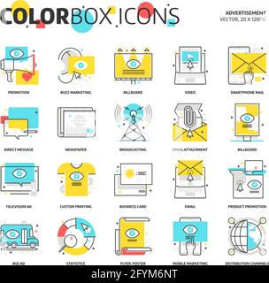 Color box icons, advertisement, backgrounds and graphics. The illustration is colorful, flat, vector, pixel perfect, suitable for web and print. Linea Stock Vector