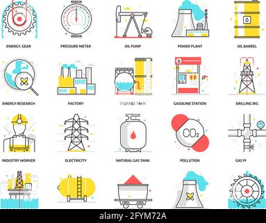 Color box icons, energy industry backgrounds and graphics. The illustration is colorful, flat, vector, pixel perfect, suitable for web and print. Line Stock Vector