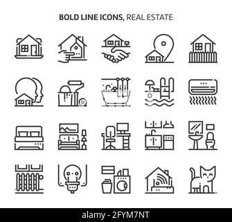 Real estate, bold line icons. The illustrations are a vector, editable stroke, 48x48 pixel perfect files. Crafted with precision and eye for quality. Stock Vector