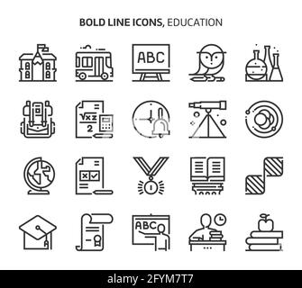 Education, bold line icons. The illustrations are a vector, editable stroke, 48x48 pixel perfect files. Crafted with precision and eye for quality. Stock Vector