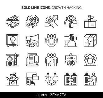 Growth hacking, bold line icons. The illustrations are a vector, editable stroke, 48x48 pixel perfect files. Crafted with precision and eye for qualit Stock Vector